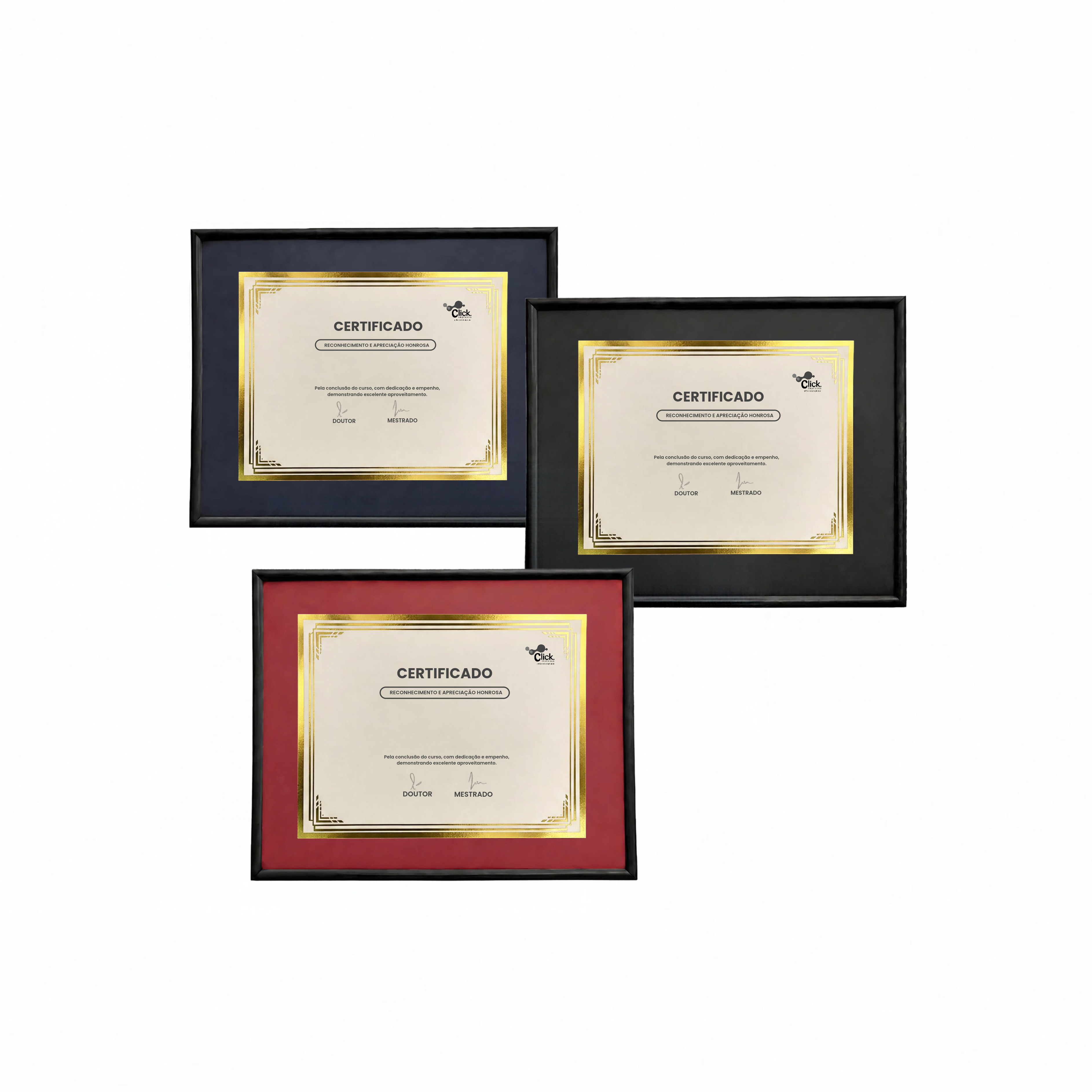 Certificado luxo com bordas douradas , formato 21x29,7 cm em quadro 42x29,7 cm com vidro.